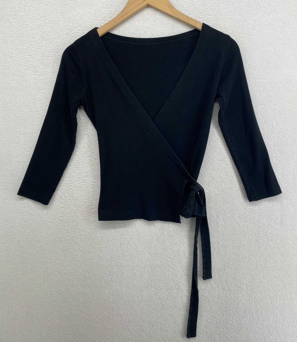 BENETTON Wrap Top Womens XS Ribbed Cotton Tie Side Jersey Black Vintage Italy